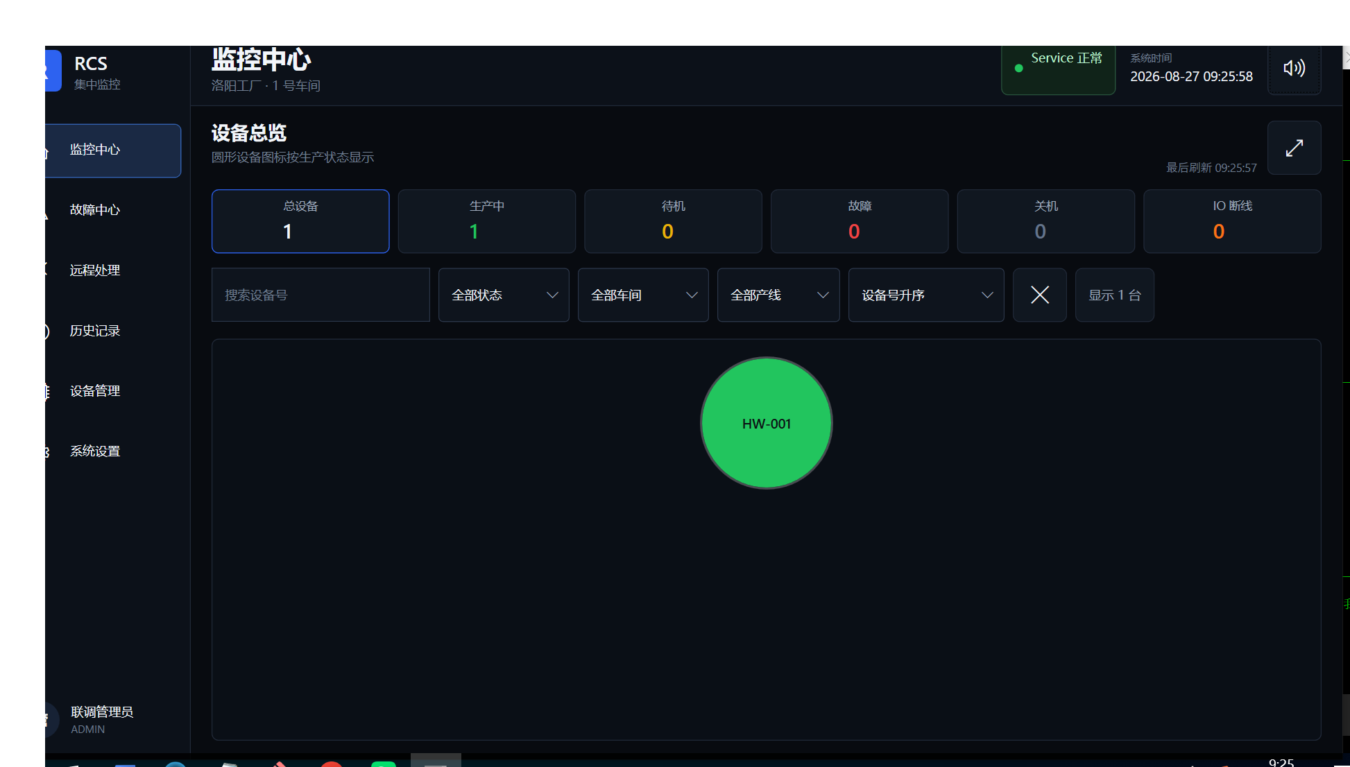RCS 监控中心正常生产状态界面